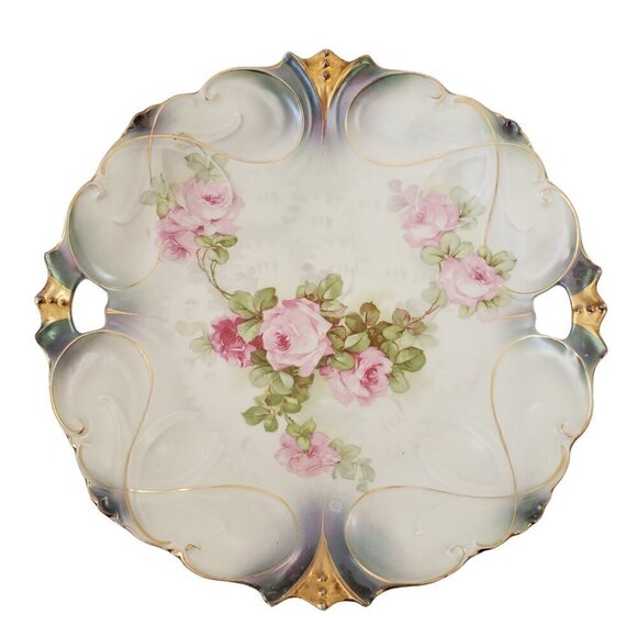 Vintage Cake Plate Iridescent Lusterware Finish Pink Roses Scalloped Gil… - Picture 3 of 9